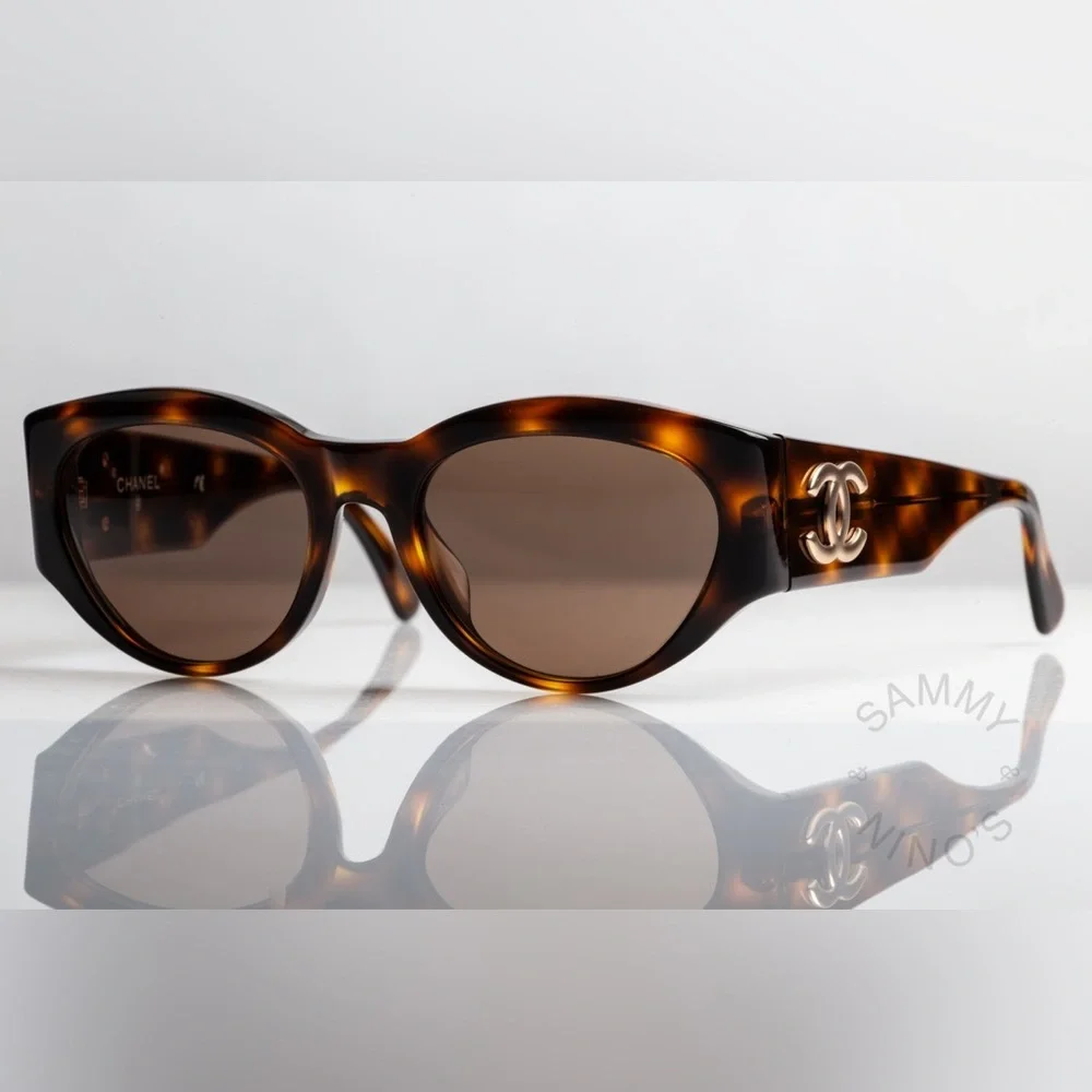 Auth CHANEL Havana Gold Tortoise Shell Sunglasses Gold CC Oval Cat eye ❤️‍🔥
